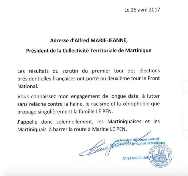 Ce courrier est sans en tête mais tamponné du sceau de la CTM; Il le dit donc en sa qualité de Président de tous les Martiniquais