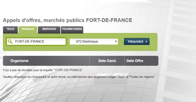 Dans la requette travaux aucun appel d'offre de travaux en ce moment pour la ville de Fort-de-France