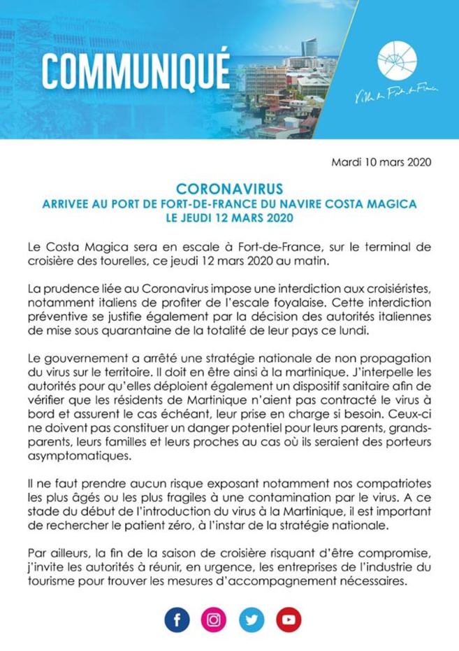 Coronavirus /  Croisière Fort de France semble dire stop ! 