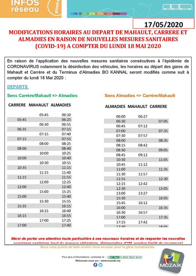 Déconfinement-Martinique- Transport -  Mozaïk les nouveaux horaires à partir du 18 mai !