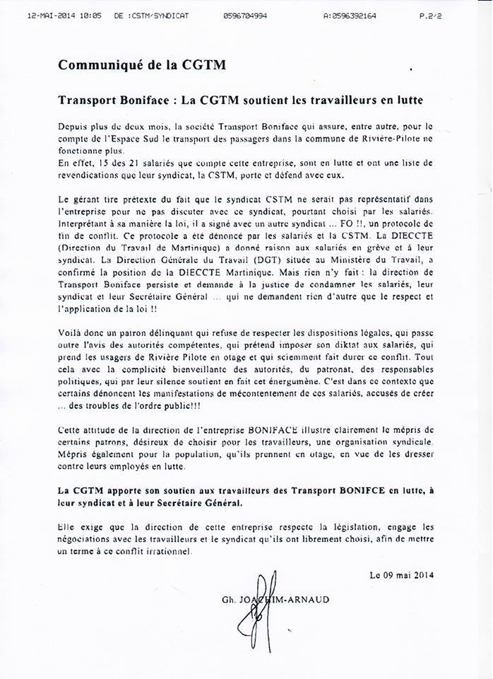 Communiqué de soutien de la CGTM aux travailleurs des Transports BONIFACE, à leur syndicat et à leur Secrétaire Général