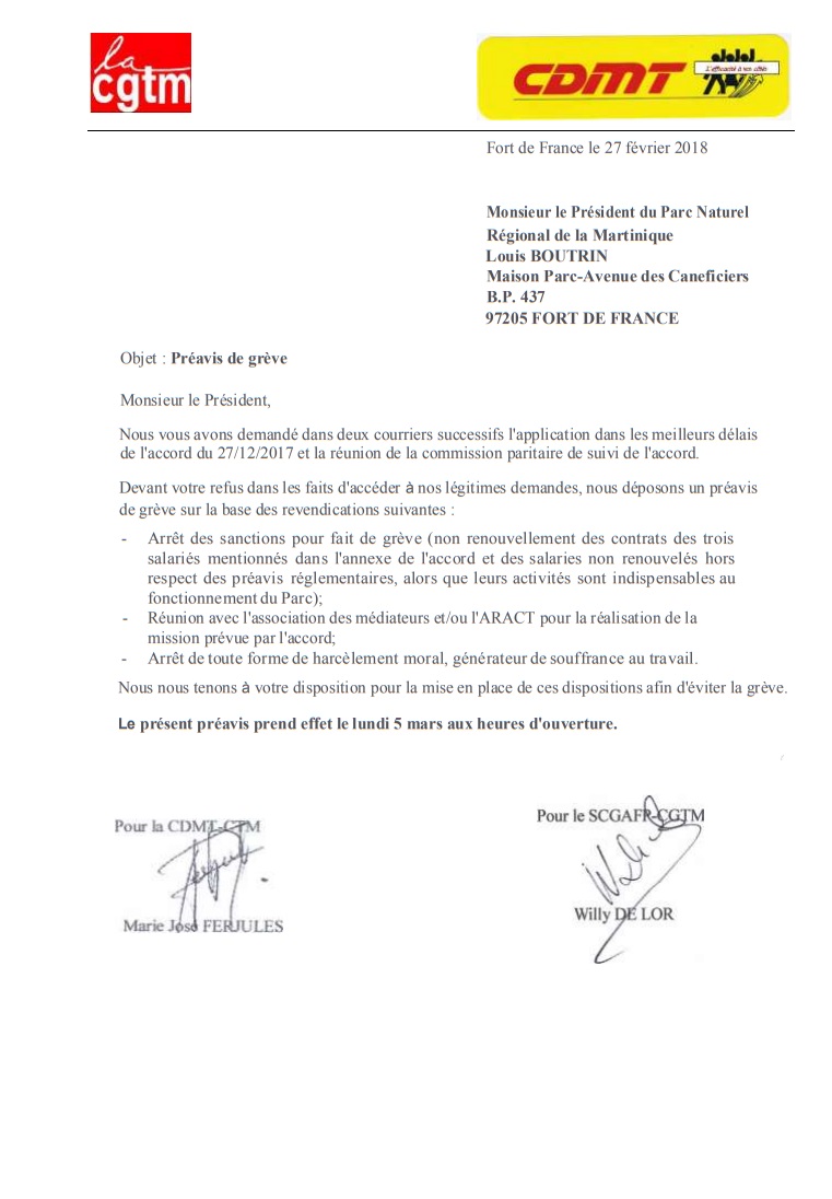 Martinique grève PNRM / "Des turpitudes Boutrinesques" par la CDMT et la CGTM. 