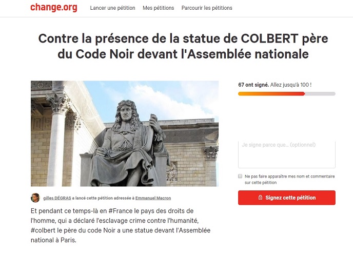 Gilles Dégras, lance une pétition contre la présence de la statue de Colbert devant l'Assemblée Nationale