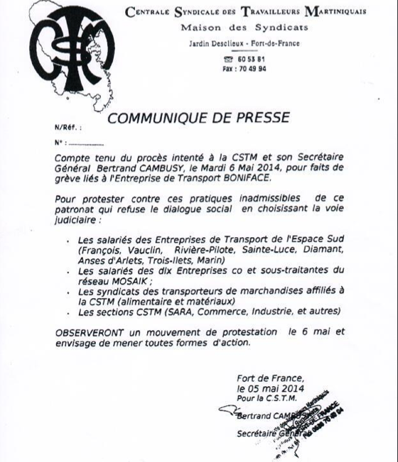  Bertrand CAMBUSY annonce une grève générale alors que le patron de l'entreprise BONIFACE a déjà donné satisfaction à son personnel!