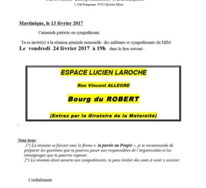 Réunion générale des militants et sympathisants du MIM au Robert le vendredi 24 février 2017 à 19 h 00