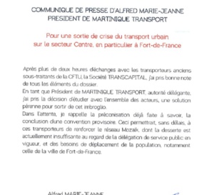 Grève des bus de la CFTU : Alfred Marie Jeanne propose une convention provisoire. Rien de moins !