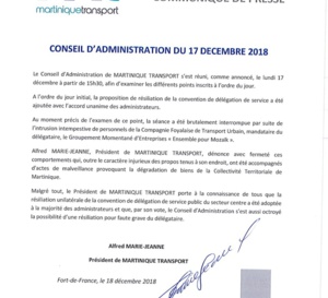 Le texte de la résiliation de la délégation de service public de Martinique Transport à l'attention de la CFTU est tombé 