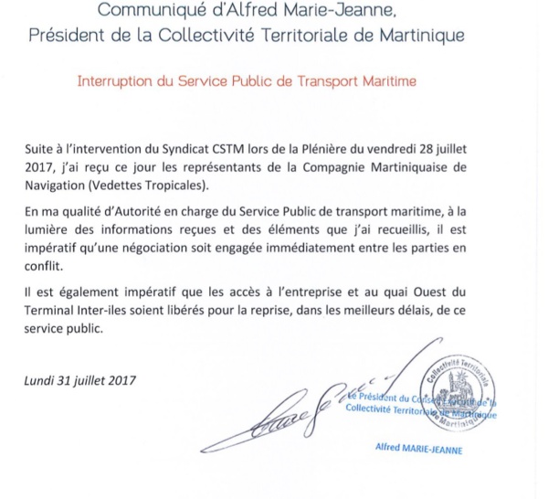 Conflit Service Public de transport maritime A Marie Jeanne ne prend pas position !