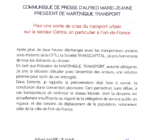 Grève des bus de la CFTU : Alfred Marie Jeanne propose une convention provisoire. Rien de moins !