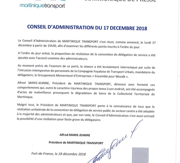 Le texte de la résiliation de la délégation de service public de Martinique Transport à l'attention de la CFTU est tombé 